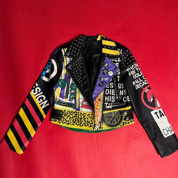 Vegan Leather Punk Print Jacket – Bold & Unique Statement Piece, Size S - Picture 6 of 11